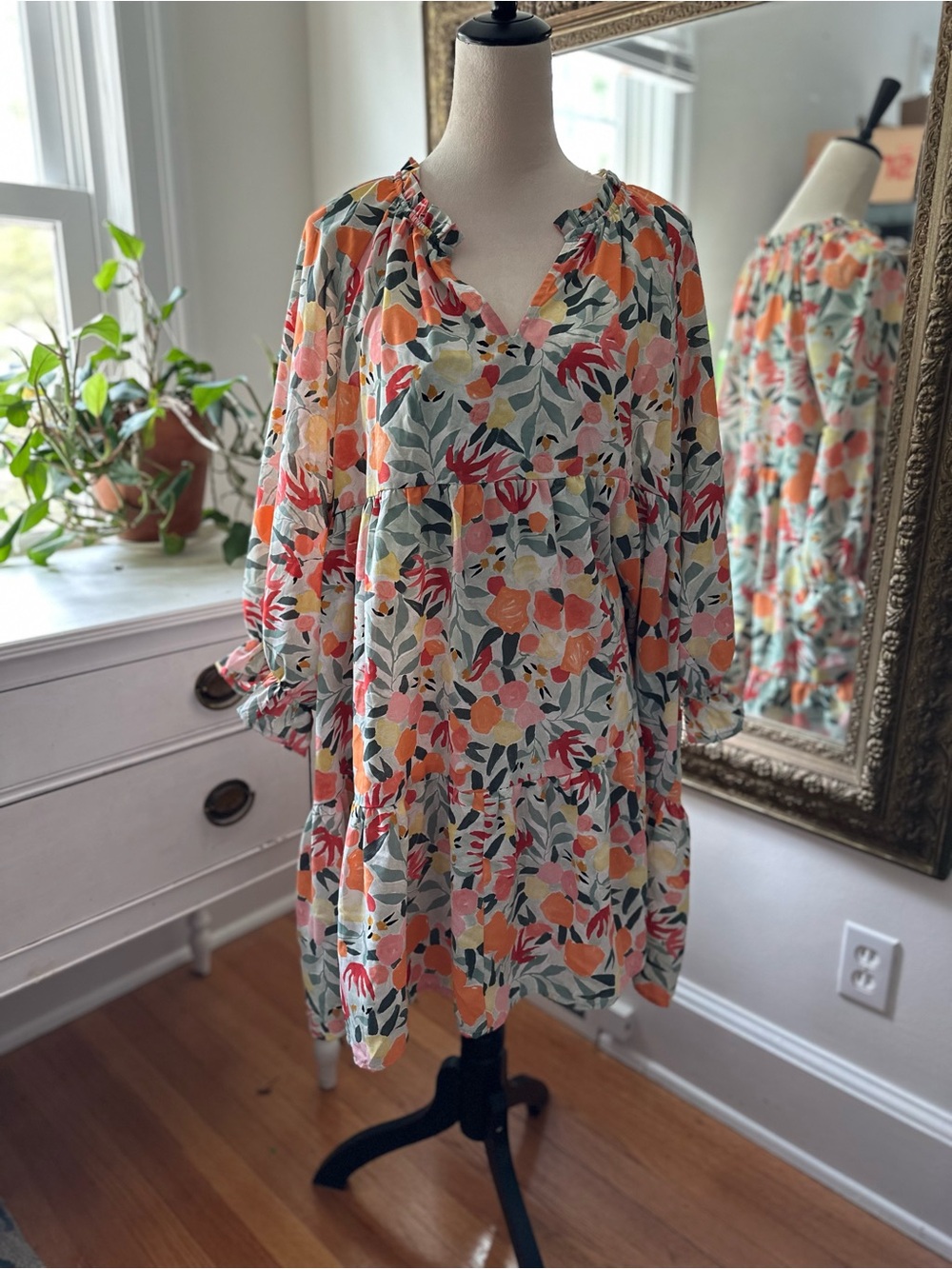 Entro dress plus size tiered boho 3/4 puff full sleeves knee length colorful